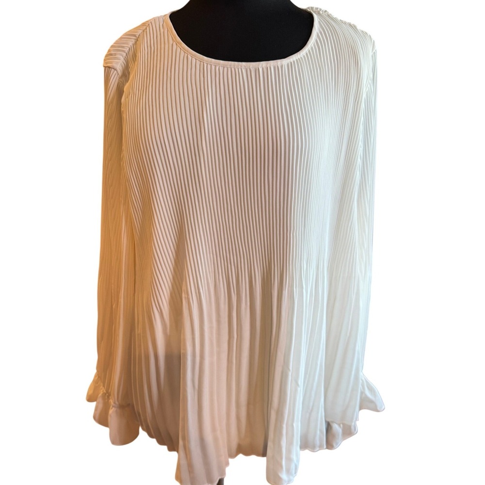 NWT Nine West Pleated Blouse 1X Ivory‎ Long Sleeve Flowy Top